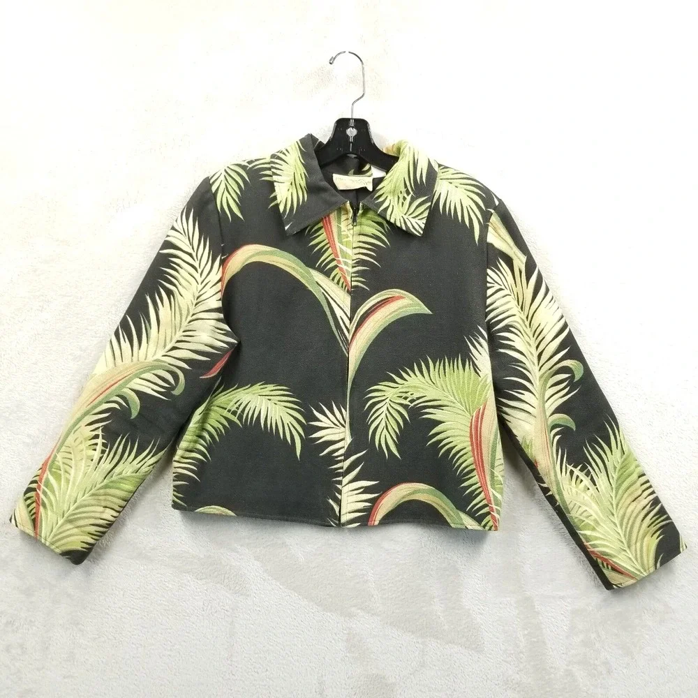 Vintage Painted Pony Jacket Women M Barkcloth Palm‎ Tree Full Zip Crop Tropical